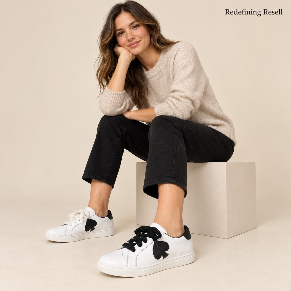Kate Spade New York Fez White Black Leather Spade Logo Sneakers Womens 9B